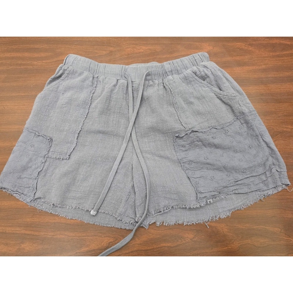 Gigio USA Womens Gray Cotton Gauze Shorts Size Large Boho Raw Hem Drawstring
